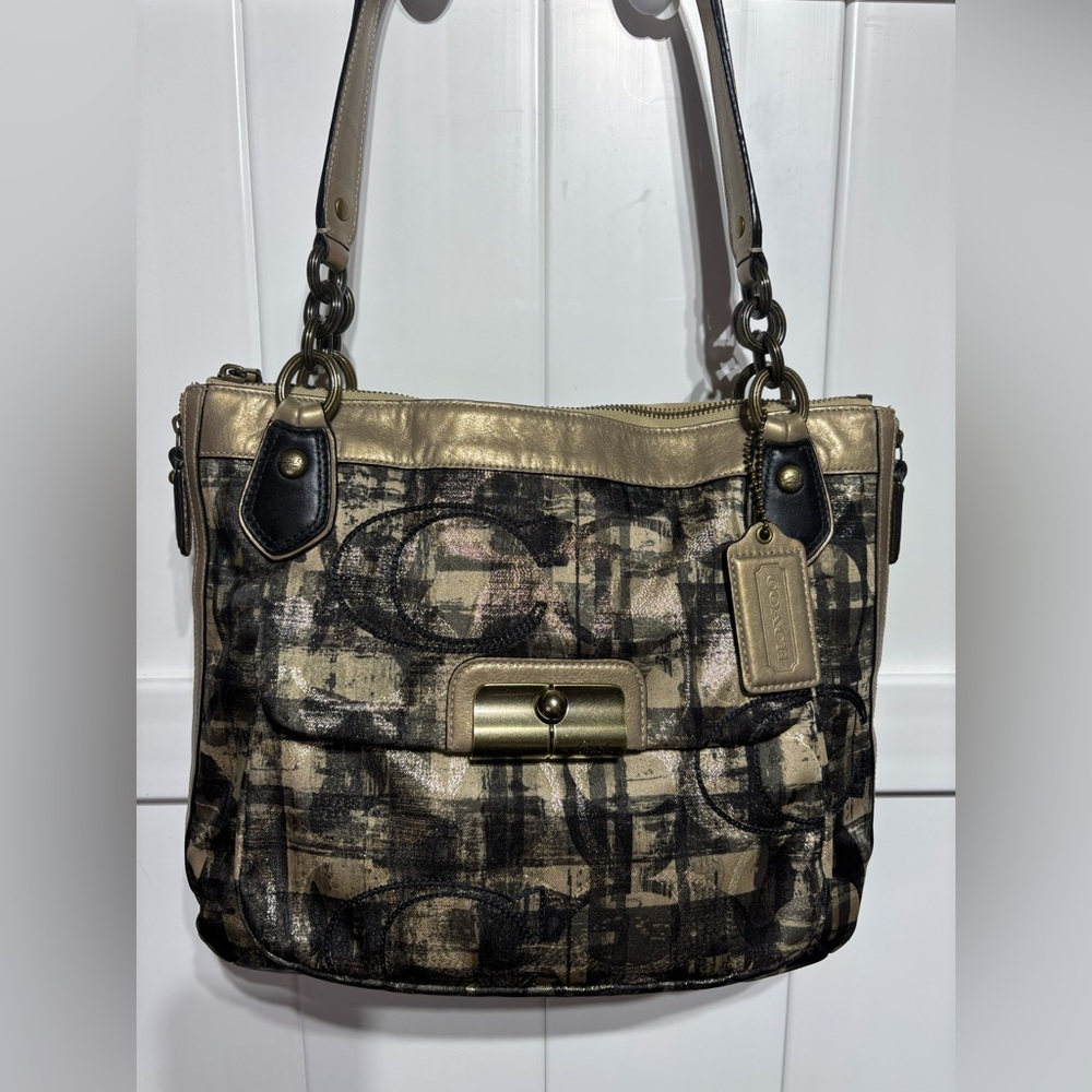 Coach Kristen Embroidered gold/black Plaid Signature C Zip Top Tote